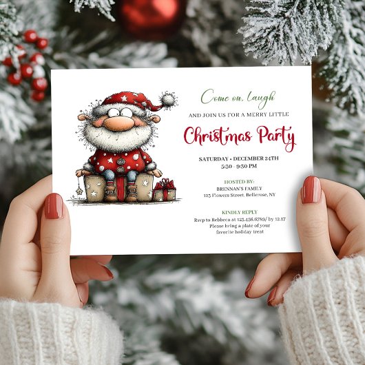 Playful Quirky Santa Hand Drawn Party Invitation 招待状
