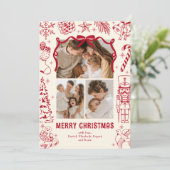 Playful Red Doodle 3 Photo Christmas シーズンカード (スタンド正面)