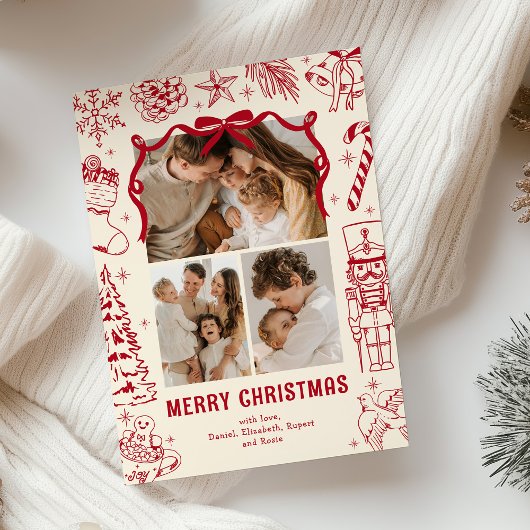 Playful Red Doodle 3 Photo Christmas シーズンカード