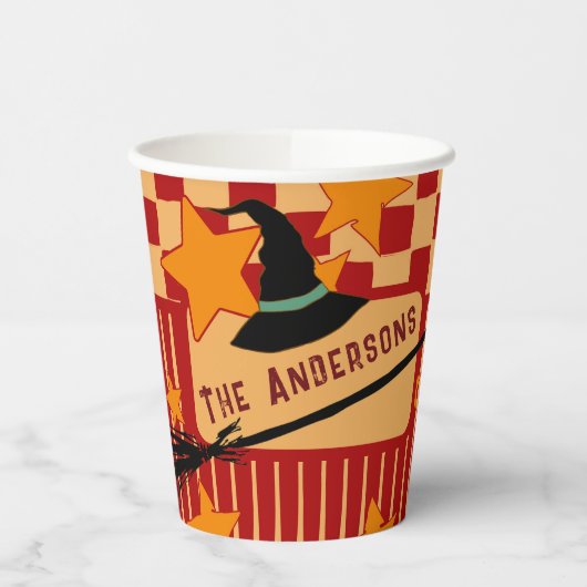 Playful Red Retro Witch Hat Halloween Starry Party 紙コップ (左)
