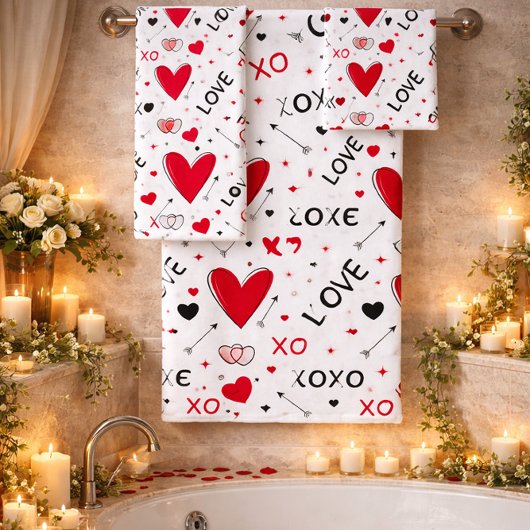 Playful Red & White XO Heart Pattern on White バスタオルセット