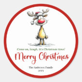 Playful reindeer quirky holiday sticker design ラウンドシール (正面)