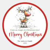 Playful reindeer quirky whimsical Xmas sticker ラウンドシール (正面)