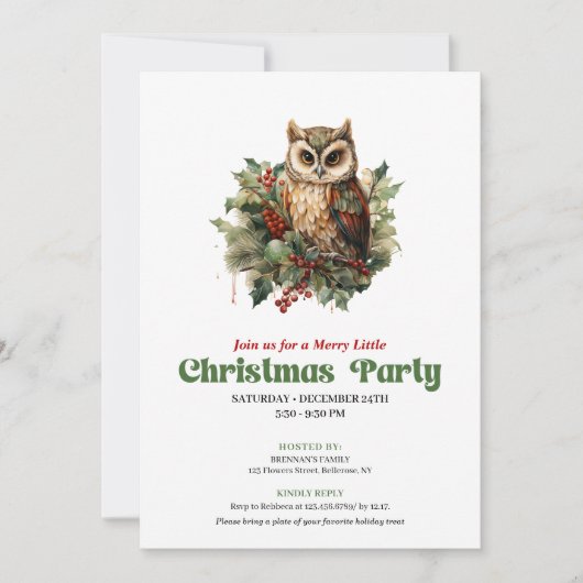 Playful retro Christmas owl party invitation 招待状 (正面)