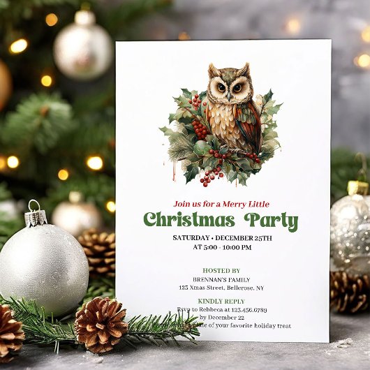 Playful retro Christmas owl party invitation 招待状