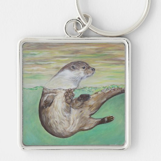Playful River Otter Painting Keychain キーホルダー (正面)