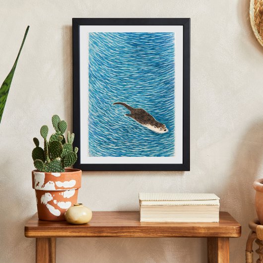 Playful River Otter Swimming in Blue Water ポスター