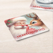 Playful Santa and Rudolph Festive Drink Coasters スクエアペーパーコースター (アングル)