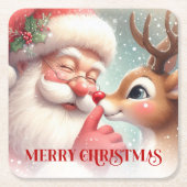 Playful Santa and Rudolph Festive Drink Coasters スクエアペーパーコースター (正面)