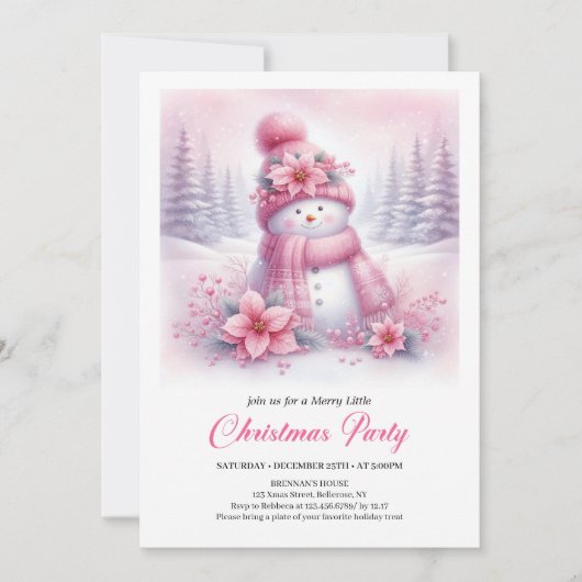 Playful Snowy Forest Pink Snowman Kids Invitation 招待状 (正面)