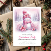 Playful Snowy Forest Pink Snowman Kids Invitation 招待状