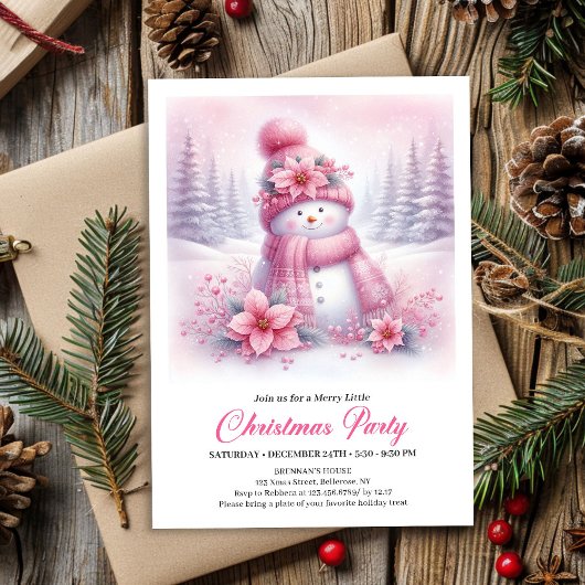 Playful Snowy Forest Pink Snowman Kids Invitation 招待状