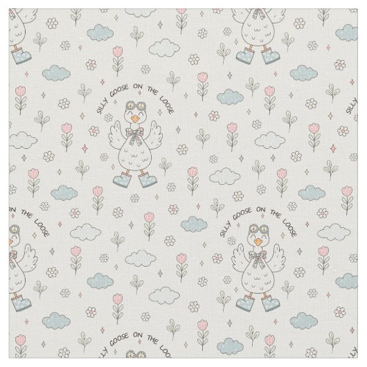 Playful Spring Silly Goose on the Loose Pattern ファブリック (クローズアップ)