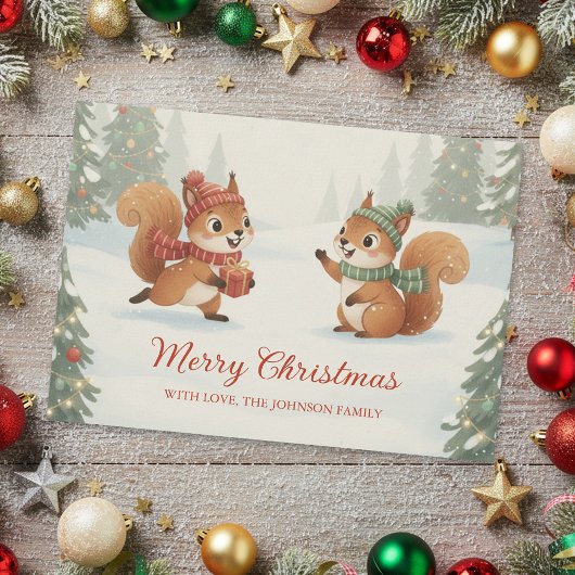 Playful Squirrels in Christmas Winter Forest シーズンカード