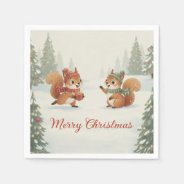 Playful Squirrels in Christmas Winter Forest スタンダードカクテルナプキン