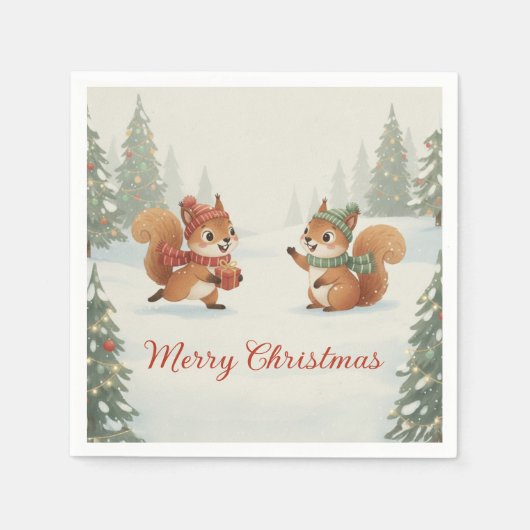 Playful Squirrels in Christmas Winter Forest スタンダードカクテルナプキン (正面)