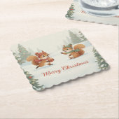 Playful Squirrels in Christmas Winter Forest ペーパーコースター (アングル)