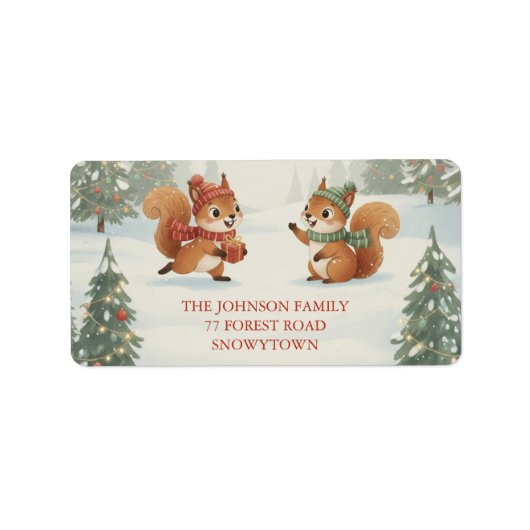 Playful Squirrels in Christmas Winter Forest ラベル (正面)