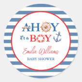 Playful Striped Blue Red Nautical Ahoy Boy ラウンドシール (正面)