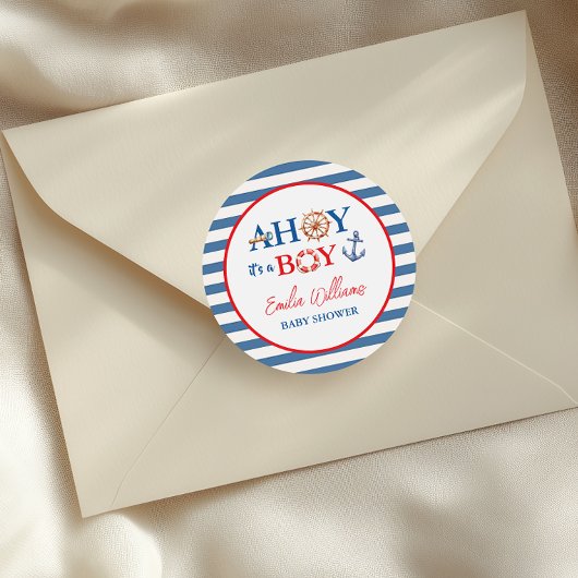 Playful Striped Blue Red Nautical Ahoy Boy ラウンドシール