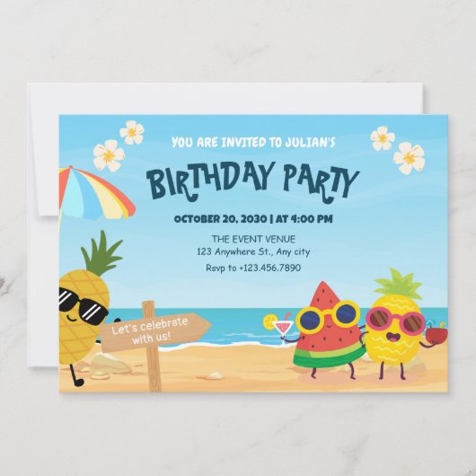 Playful summer beach cartoon fruit birthday 招待状 (正面)