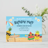 Playful summer beach cartoon fruit birthday 招待状 (スタンド正面)