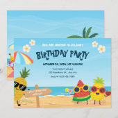Playful summer beach cartoon fruit birthday 招待状 (正面/裏面)