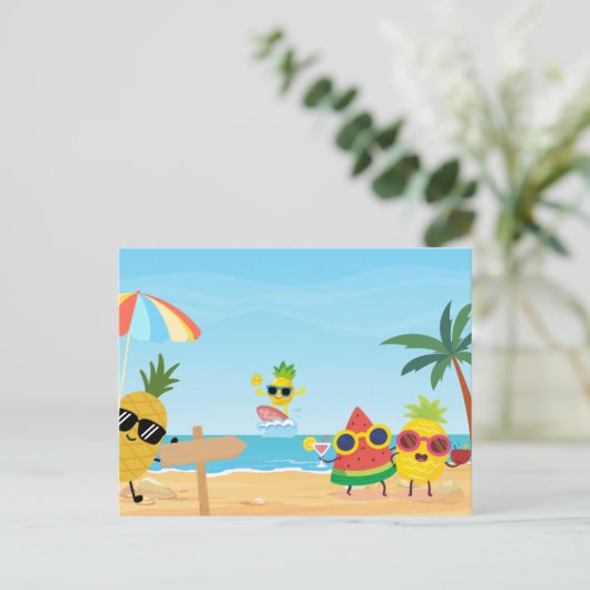 Playful summer beach funny cartoon fruit ポストカード (スタンド正面)