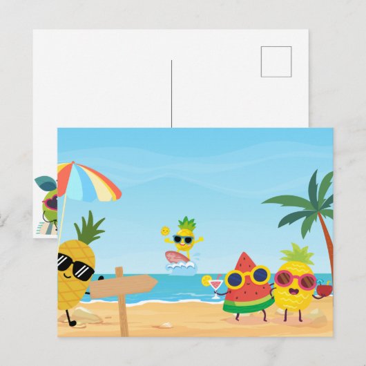 Playful summer beach funny cartoon fruit  ポストカード (正面/裏面)