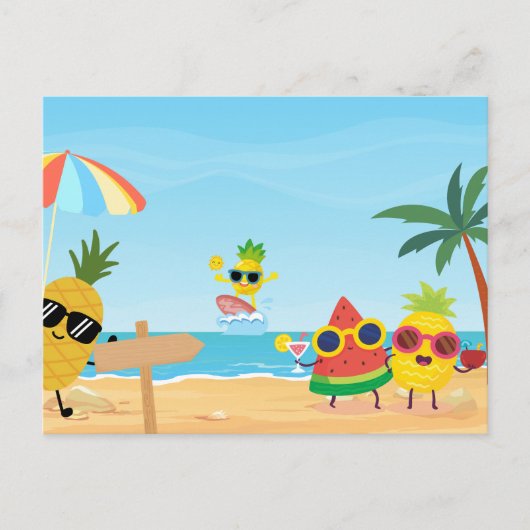 Playful summer beach funny cartoon fruit ポストカード (正面)