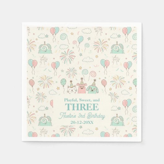 Playful Sweet and Three Kids Birthday  スタンダードカクテルナプキン (正面)