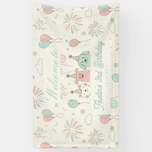 Playful Sweet and Three Kids Birthday  横断幕 (縦)