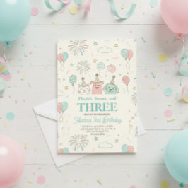 Playful Sweet and Three Kids Birthday Invitation