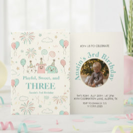Playful Sweet, Three Kid Photo Birthday Invitation 招待状