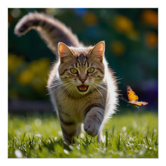 Playful Tabby Cat Chasing Butterfly – Cute Nature ポスター