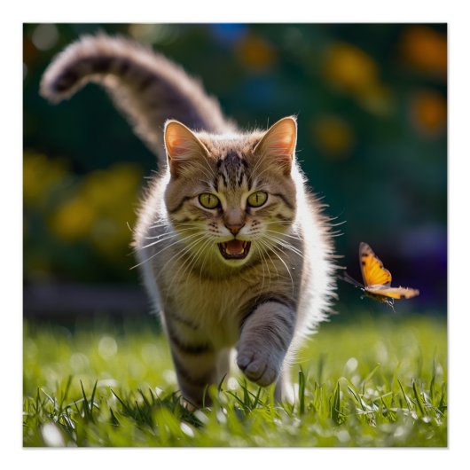 Playful Tabby Cat Chasing Butterfly – Cute Nature ポスター (正面)