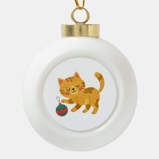 Playful Tabby Cat Christmas Ornament セラミックボールオーナメント (正面)