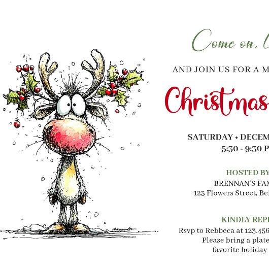 Playful Whimsical Reindeer Holiday Invitation 招待状