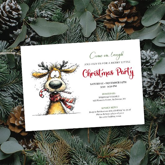 Playful Whimsical Reindeer Holiday Invitation 招待状