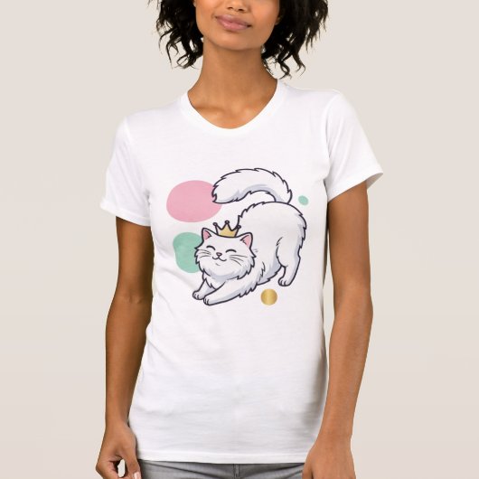 Playful White Cat with Crown Tシャツ (正面)