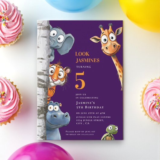 Playful Zoo Animals Pink Party Announcement 招待状