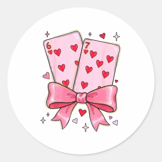 Playing Cards 6 7 Of Hearts 67 Six Seven Meme Bow  ラウンドシール (正面)