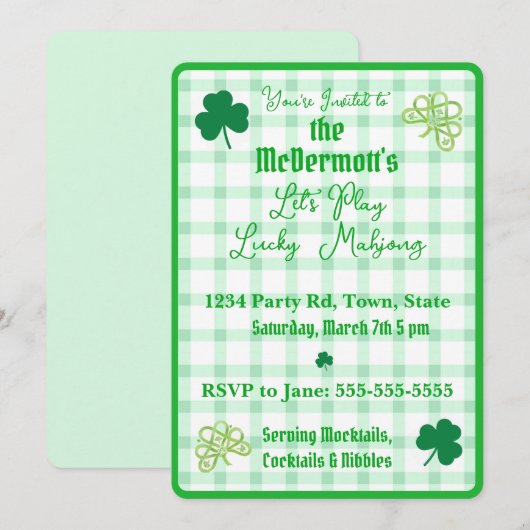 Playing Lucky Mahjong Watercolor Shamrocks  招待状 (正面/裏面)