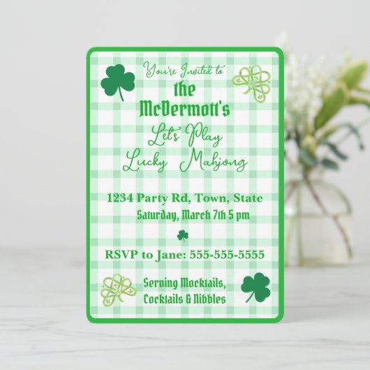 Playing Lucky Mahjong Watercolor Shamrocks  招待状 (スタンド正面)