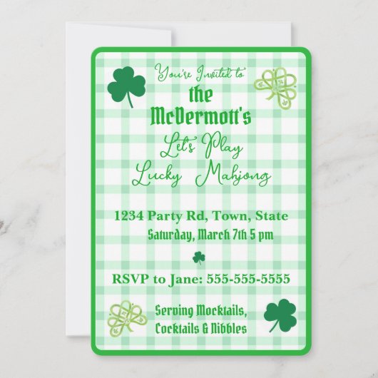 Playing Lucky Mahjong Watercolor Shamrocks  招待状 (正面)