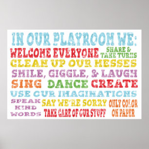 Playroom Rules Poster Rainbow Watercolor ポスター