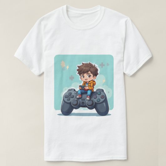 PlayStationコントローラーに座る漫画のゲーマーキッド Tシャツ (デザイン正面)