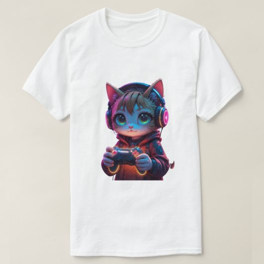 PlayStationコントローラーを持つゲーマー猫 Tシャツ (デザイン正面)