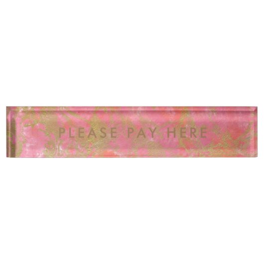Please Pay here Sign Pink Marble金ゴールドビジネス デスクネームプレート (正面)