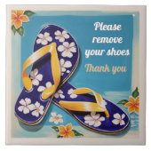 Please Remove Shoes Sign Blue Hawaiian Flip Flops タイル (正面)